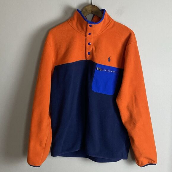 POLO RALPH LAUREN Mens Orange Blue Colorblock Fleece Jacket Size L T Snap Logo - Picture 2 of 13